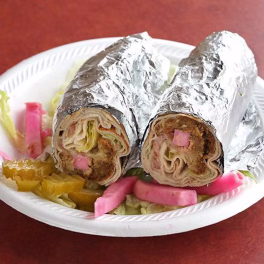 Food spread with falafel and more